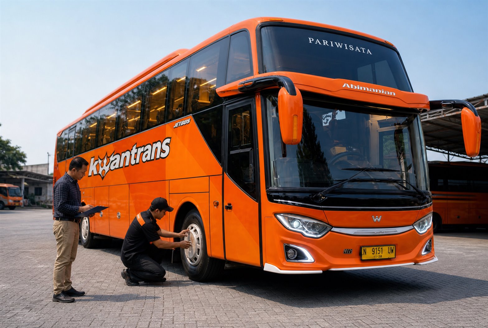 Staf seragam memeriksa bus pariwisata dengan daftar periksa di depo Sewa Bus Malang
