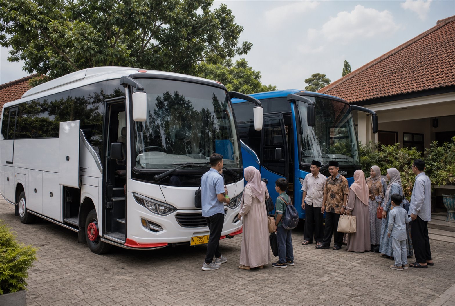 Keluarga besar Indonesia berpakaian resmi berkumpul di depan bus Sewa Bus Malang untuk acara keluarga