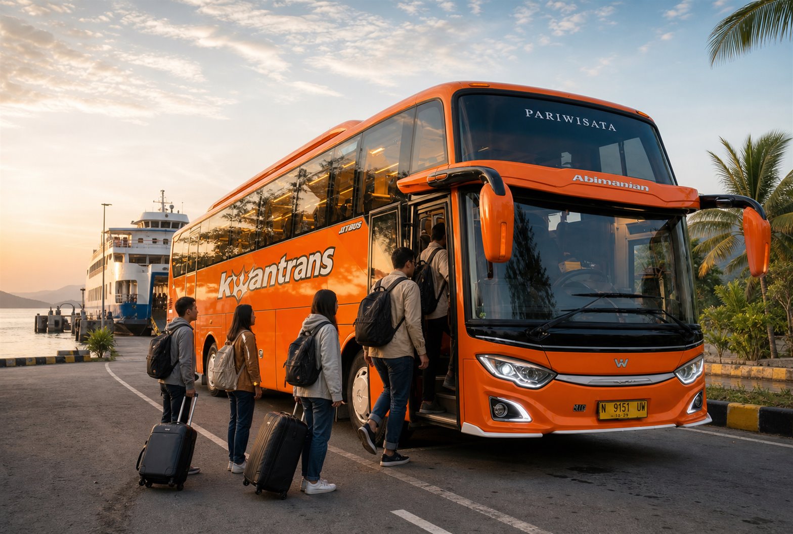 Bus pariwisata Sewa Bus Malang di dek kapal feri penyeberangan menuju Bali