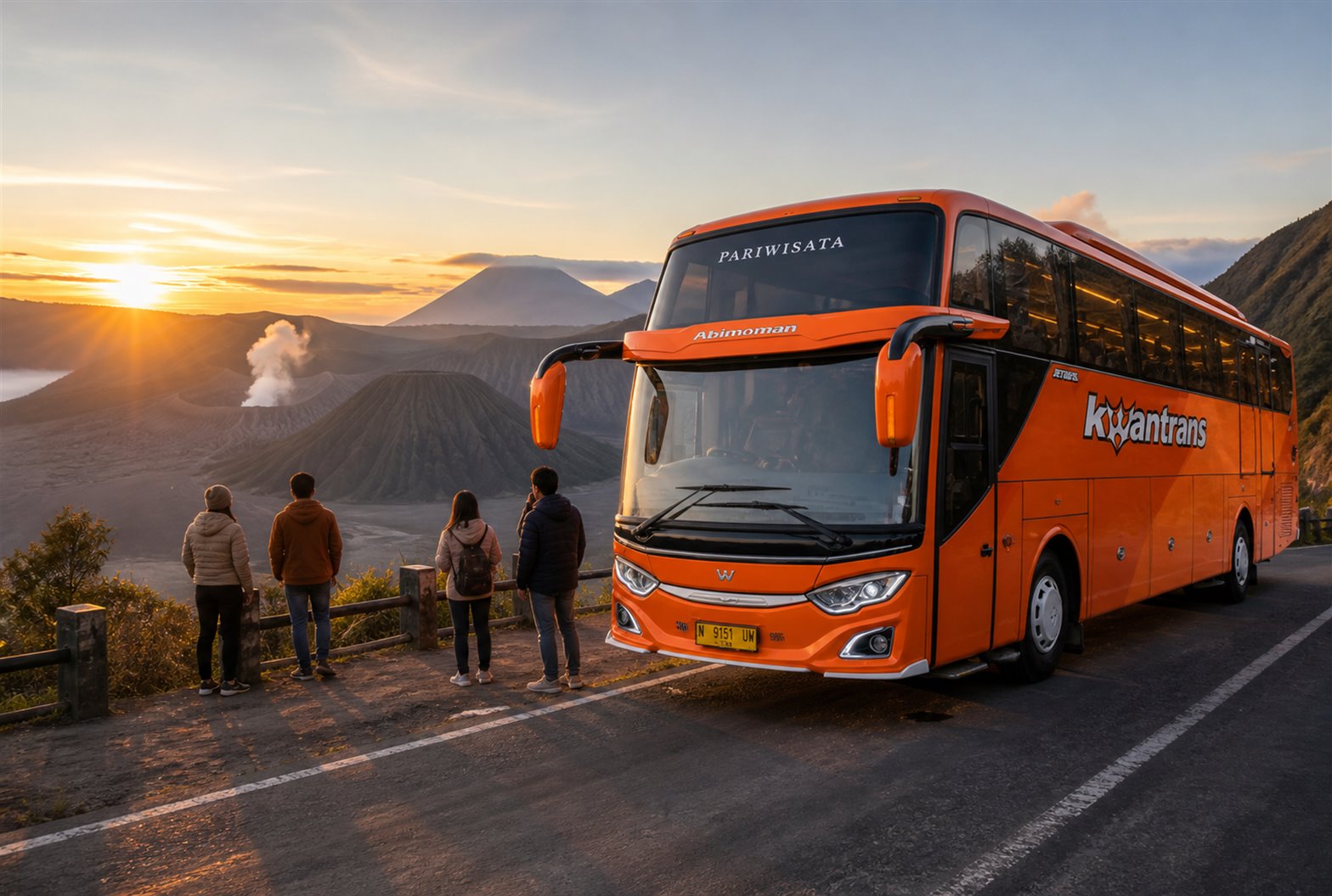 Bus menuju Bromo saat blue hour untuk artikel rute Bromo