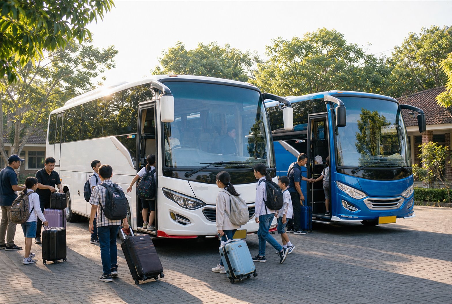 Siswa antre naik bus