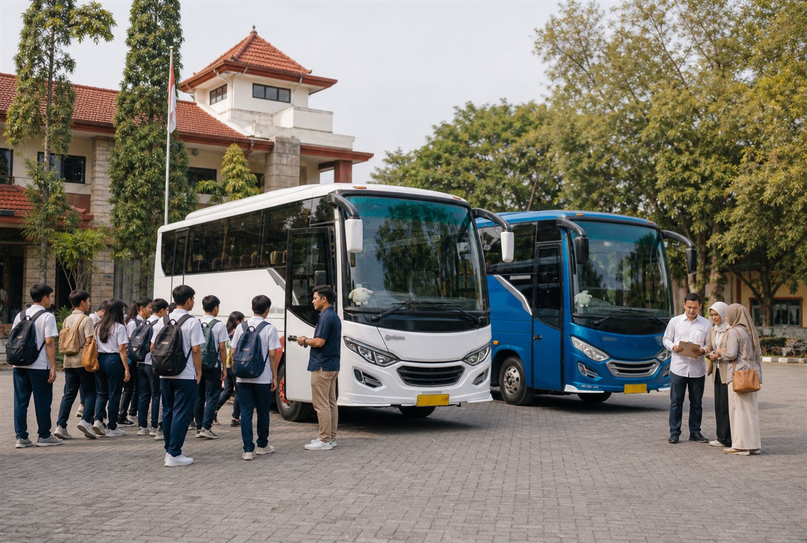 Siswa antre naik bus