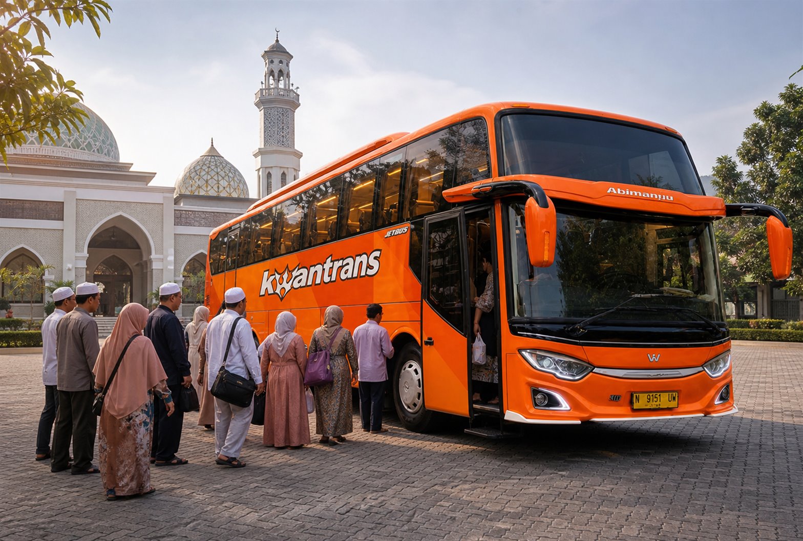 Bus Sewa Bus Malang parkir di area kompleks makam wali dengan jamaah ziarah